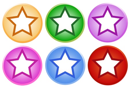 An Illustration Collection of Colorsful Satrs with Shiny Round Buttons in Six Assorted Colours with Copy Space for Add Content or Pictureのイラスト素材