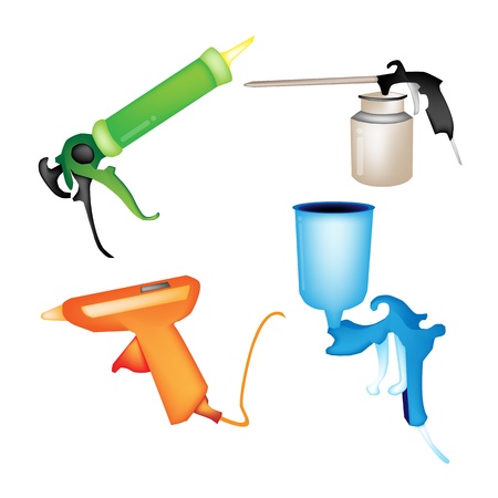 Illustration Collection of Hot Glue Gun, Caulking Gun, Airbrush Painting and Oil Can Isolated on White Backgroundのイラスト素材