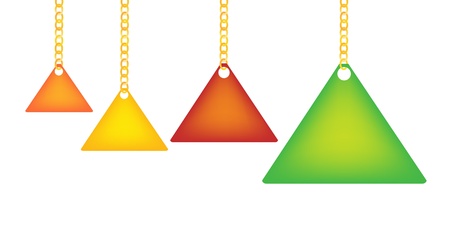 An Illustration Collection of Sale Tag of Triangle Shape Holding on A Golden Chain in Four Assorted Colours, Orange, Yellow, Red and Greenのイラスト素材