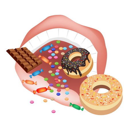 Unhealthy Eating, Illustration of Person Eating A lot of Unhealthy Sweet Food and Dessert Food, Donuts, Candy and Chocolate in A Mouthのイラスト素材