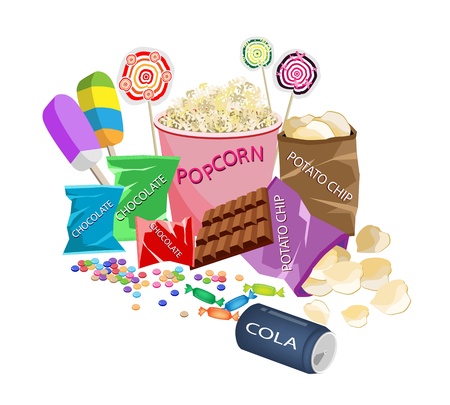 Movie Food, An Illustration of Popcorn, Popsicles, Lollipops, Chocolate Bar, Chocolates Candies, Hard Candies and Potato Chips Prepared to Watching A Cinemaのイラスト素材