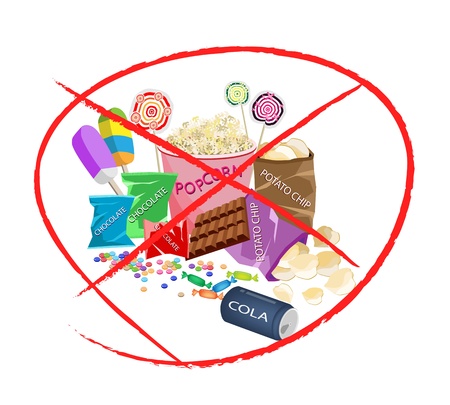 No Sweet Food, An Illustration of Forbidden or Prohibition Sign on Different Types of Snack and Sweet Food, Popcorn, Popsicles, Lollipops, Chocolate, Candies and Potato Chipsのイラスト素材