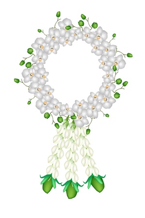 A Symbol of Love and Luxury, An Illustration of Beautiful Flower Garland with Moon Orchid or Phalaenopsis Amabilis and Jasmines Blossoms, The Garland in Thai Tradition Styleのイラスト素材