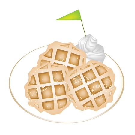 Freshly Homemade Round Belgian Waffles with Icing, Whipped Cream and A Little Green Flag Isolated on White Backgroundのイラスト素材