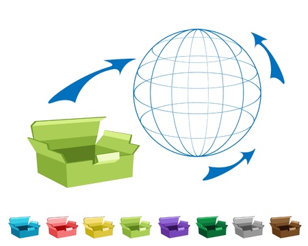 An Illustration Collection of Open and Empty Cardboard Boxes in Nine Assorted Colours, Ready for Shipment and Freight Transportationのイラスト素材