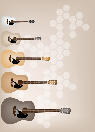 Music Instrument, An Illustration Collection of Acoustic Guitars on Elegance Brown Background with Copy Space for Text Decorated のイラスト素材