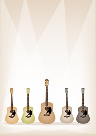 Music Instrument, An Illustration of Five Colors of Earth Tone Guitars on Vintage Brown Stage Background with Copy Space for Text Decorated のイラスト素材