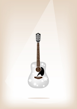 Music Instrument, An Illustration of A Beautiful White Guitar with Flower Pattern on Vintage Brown Stage Background with Copy Space for Text Decorated のイラスト素材