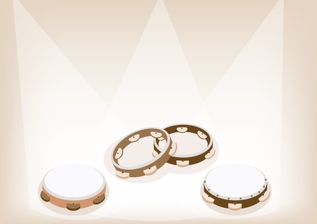 Music Instrument, An Illustration Collection of Three Colors of Beautiful Wooden Tambourines on Vintage Brown Stage Background with Copy Space for Text Decorated のイラスト素材