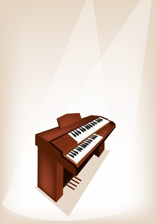 Music Instrument, An Illustration Brown Color of Vintage Pipe Organ on Brown Stage Background with Copy Space for Text Decoratedのイラスト素材
