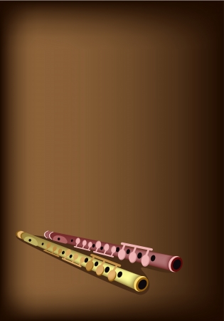 Music Instrument, An Illustration Brown Color of Vintage Piccolo Flute on Beautiful Vintage Dark Brown Background with Copy Space for Text Decorated のイラスト素材