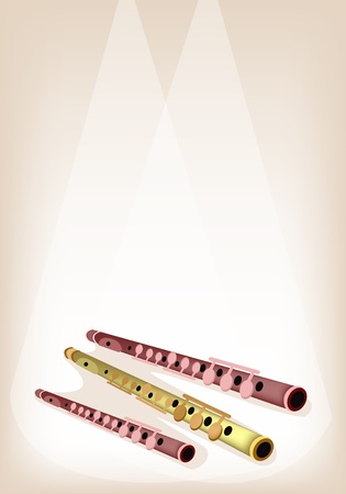Music Instrument, An Illustration Brown Color of Vintage Piccolo Flute on Brown Stage Background with Copy Space for Text Decoratedのイラスト素材