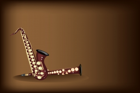 Music Instrument, An Illustration Four Kind of Saxophone, Soprano Saxophone, Alto Saxophone, Baritone Saxophone and Tenor Saxophone on Beautiful Vintage Dark Brown Background with Copy Space for Text Decorated のイラスト素材