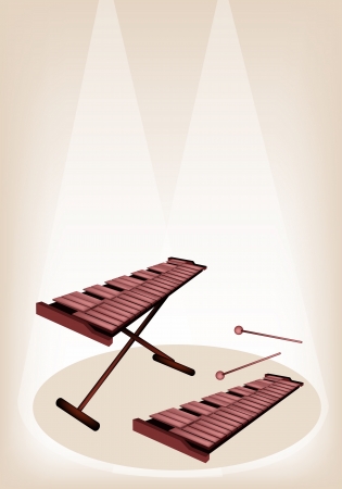 Music Instrument, An Illustration of Two Vintage Xylophone and Two Beater on Brown Stage Background with Copy Space for Text Decoratedのイラスト素材