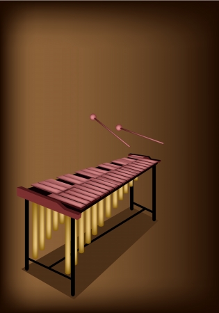 Music Instrument, An Illustration of Vintage Marimba and Two Beater on Beautiful Dark Brown Background with Copy Space for Text Decorated のイラスト素材