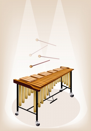 Music Instrument, An Illustration of Two Vintage Vibraphone and Two Beater on Brown Stage Background with Copy Space for Text Decoratedのイラスト素材