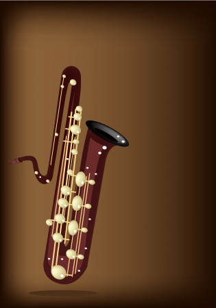 Music Instrument, An Illustration Brown Color of Golden Vintage Bass Saxophone on Dark Brown Backgroundのイラスト素材