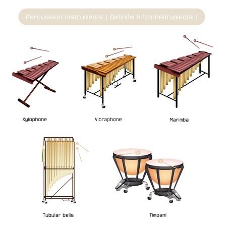 Illustration Brown Color Collection of Vintage Percussion Instruments, Vibraphone, Marimba, Xylophone, Tubular Bells and Timpani Isolated on White Backgroundのイラスト素材