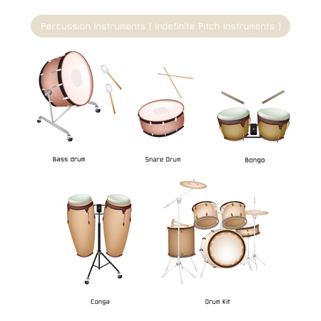 Illustration Brown Color Collection of Vintage Musical Percussion Instruments, Bongo, Conga, Bass Drum, Snare Drum and Drum Kit Isolated on White Backgroundのイラスト素材