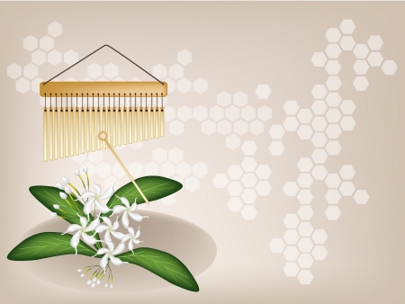 Music Instrument, An Illustration of Golden Bar Chimes and White Common Gardenias or Cape Jasmine Flowers on Vintage Brown Background with Copy Space for Text Decorated
のイラスト素材