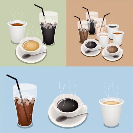A Cup of Black Coffee, Takeaway Coffee and Iced Coffee on Three Colors Retro Backgroundのイラスト素材
