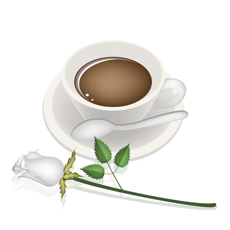 Coffee Time, A Smoking Hot Coffee with A Beautiful Rose Served as A Beverage With Cream or Milk on Retro Blue Backgroundのイラスト素材