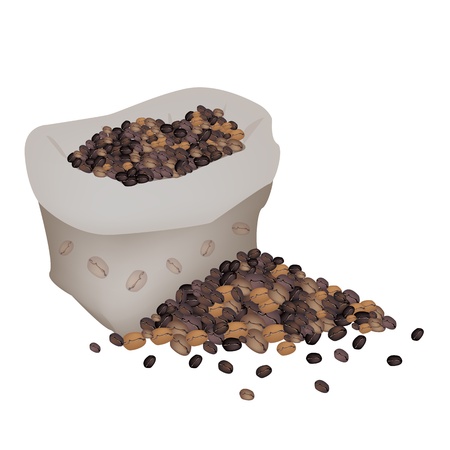 Coffee Time, An Illustration of Different Roasted Coffee Beans in A Canvas Bag Isolated on A White Backgroundのイラスト素材
