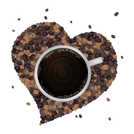 Coffee Time, Roasted Coffee Bean Making A Heart Shape with A Delicious Cup of Hot Coffeeのイラスト素材
