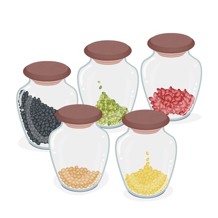 Different Dried Beans in Glass Jar, Mung Bean, Kidney Bean, Black Bean, Soy Bean and Yellow Split Peasのイラスト素材