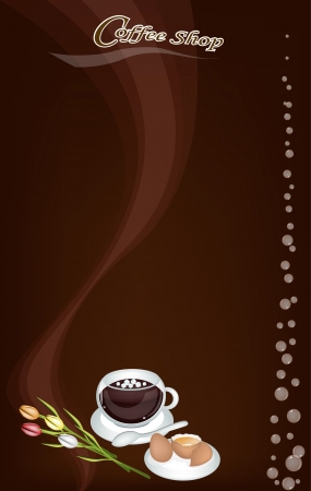 Coffee Menu, A Cup of Coffee with Tulip Flower and Breakfast on Brown Background for Restaurant, Cafe, Bar, Coffeehouse and Coffee Shopのイラスト素材