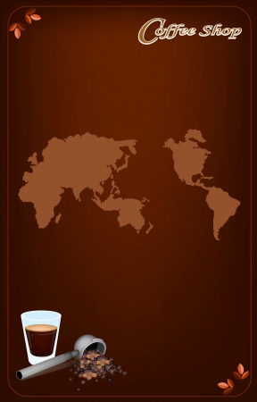 Coffee Menu, A Shot of Hot Coffee with A Bueatiful White Rose and Coffee Beans in Portafilter on World Map Background for Restaurant, Cafe, Bar, Coffeehouse and Coffee Shopのイラスト素材