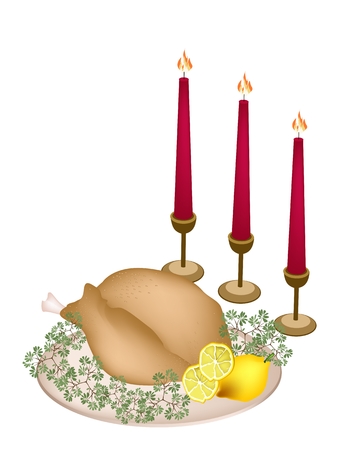 An Illustration of Garnished Roasted Turkey with Red Candles on A Platter for Thanksgiving or Christmas Holiday Dinner のイラスト素材
