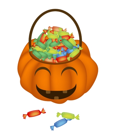 Jack-o-Lantern Pumpkin Full of Different Hard Candies Isolated on White Background, For Halloween Celebrationのイラスト素材