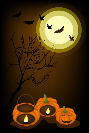 Halloween Background of Jack-o-Lantern Pumpkins and Pumpkin Baskets with Candle Light, Sign for Halloween Celebrationのイラスト素材