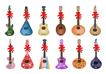 Collection of Ukulele Guitars in Various Colors and Different Style with Red Ribbon and Bow, The Perfect Gift or Present for Someone Special のイラスト素材