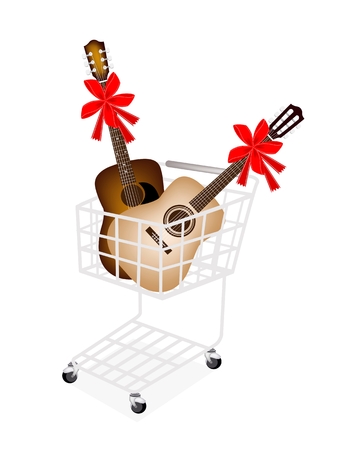 A Shopping Cart Full with Classical Guitar and Acoustic Guitar Decoration with Red Ribbons and Bows, The Perfect Gift or Present for Someone Special.のイラスト素材