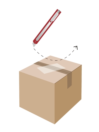 The Safe Cutting Procedure for Using A Utility Knife or Box Cutter to Open A Sealed Cardboard Box Isolated on White Background.
のイラスト素材