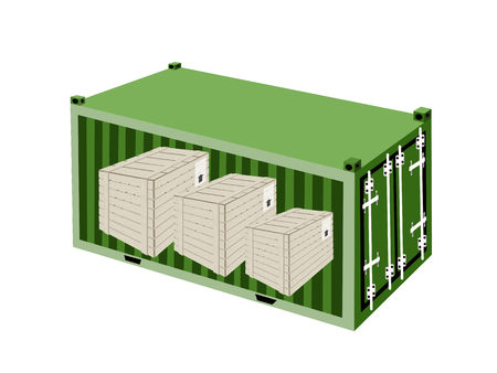 A Group of Wooden Crates or Cargo Boxs in Green Cargo Container, Freight Container or Shipping Container, Ready for Shipment.
のイラスト素材