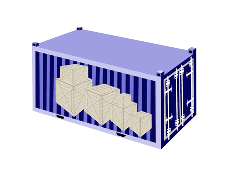 A Group of Wooden Crates or Cargo Boxs in Blue Cargo Container, Freight Container or Shipping Container, Ready for Shipment.のイラスト素材