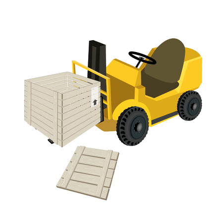 Powered Industrial Forklift, Fork Heavy Machine, Fork Truck or Lift Truck Loading An Open Wooden Crate or Cargo Box Wrapped in Plastic Shrink Wrap, Isolated on White Background
のイラスト素材
