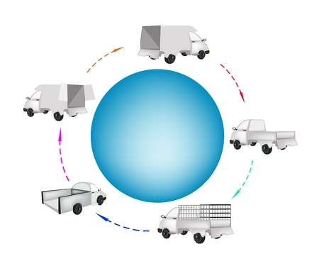 Various Type of Pickup Truck and Delivery Van Around A Blue Circle Banner for Trucking Products and Materials, Ready for Shipping or Delivery.のイラスト素材