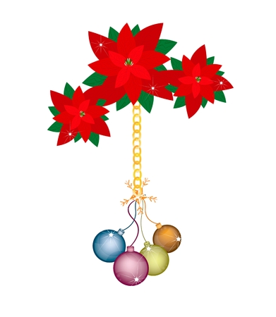 Christmas Ball or Bauble Hanging on Red Poinsettia Flowers, Sign for Christmas Celebration Isolated on White Background.
のイラスト素材