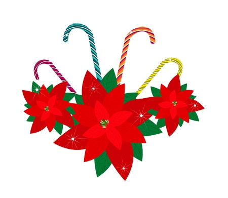 Lovely Candy Canes in Pink, Blue, Orange and Yellow Stripes with Beautiful Red Poinsettia Plants, Sign for Christmas Celebration.
のイラスト素材