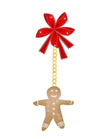 A Traditional Homemade Christmas Gingerbread Man Cookie Decorated with White Icing Hanging on Red Ribbon For Christmas Celebration.
のイラスト素材
