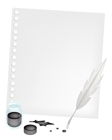 A Bottle of Black Ink Well With Feather Quill Pen for Writing on Blank Spiral Paper, Isolated on White Background.
のイラスト素材