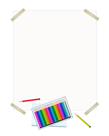 Art Supply, A Box of Colored Pencil Crayons in An Assortment of Colors Laying on A Drawing Paper for Sketch and Draw A Picture のイラスト素材