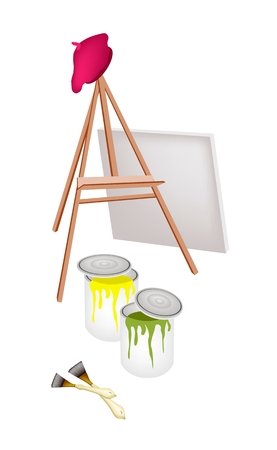 Art Supply, An Empty Wooden Easels with Artist Beret, Craft Paintbrush and Color Tubes and  Paint Cans for Paint and Draw A Picture.
のイラスト素材