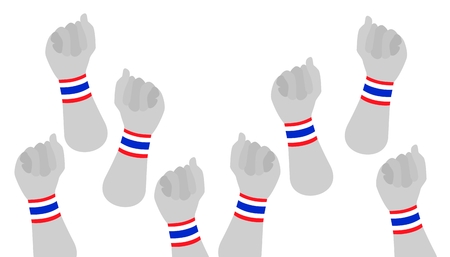 People Clenched Fist Raised Up in The Air with Red, White and Blue Stripe of Thailand Flag Wristband Democraycy Symbol for Against Government and Corruption のイラスト素材