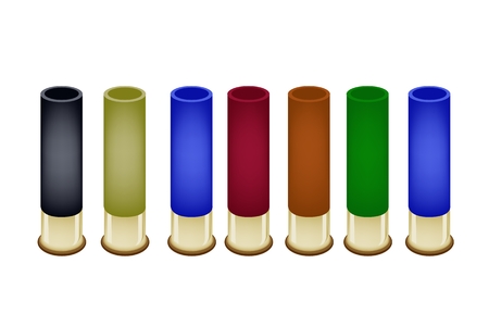 Gun Accessory, An Illustration Collection of Shotgun Shells in An Assortment of Colors Isolated on White Background のイラスト素材