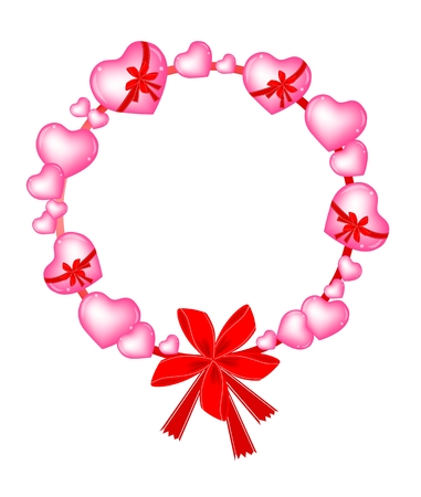 A Valentine Wreath of Pink Hearts with Lovely Red Bowsのイラスト素材